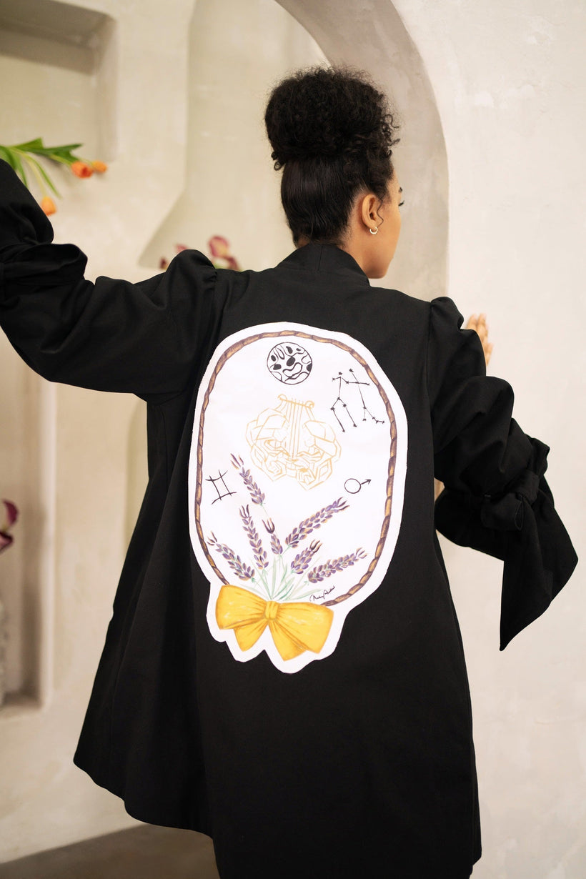 Women Gemini Zodiac Jacket with hand-painted zodiac symbols and constellation stars on cotton twill fabric