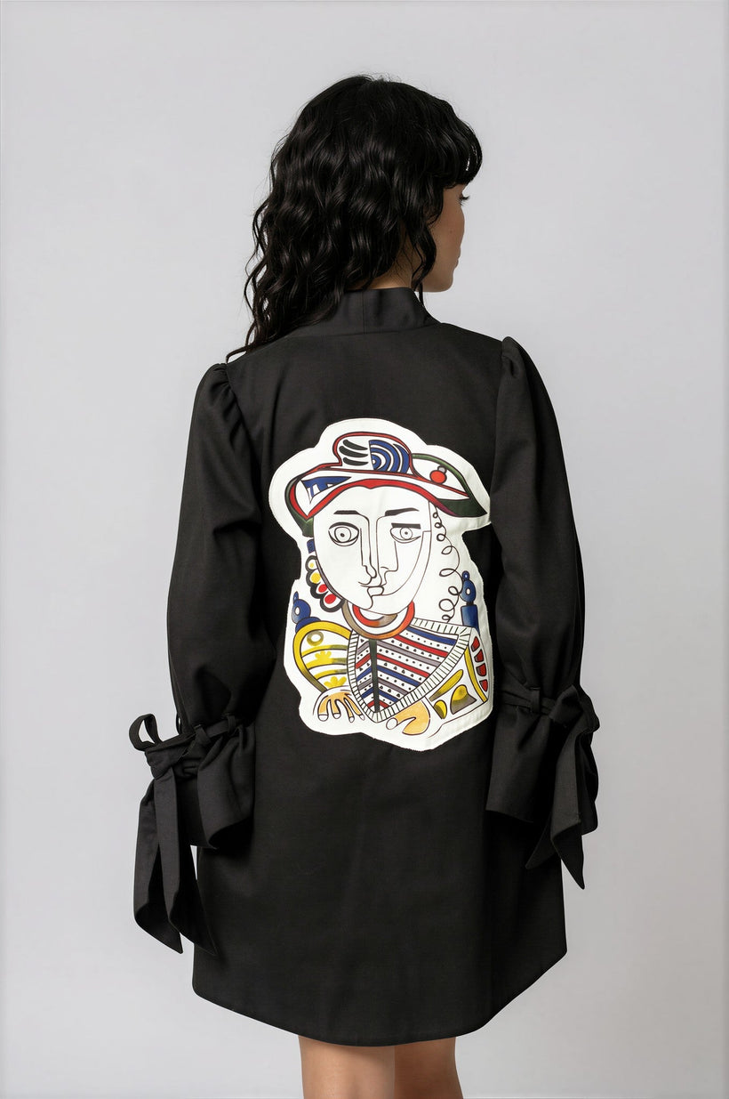 Woman wearing Picasso Masterpiece The King Jacket with hand-painted patchwork art designs