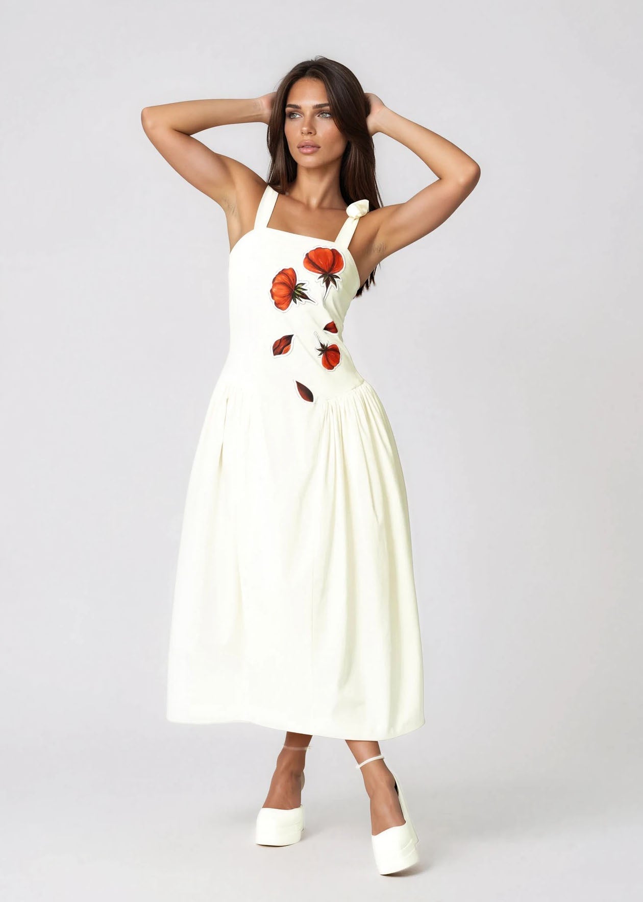 Women Midi Dress- Peace Blossoms Elegant Floral Dress, sleeveless with self-tie straps and gathered skirt, made from cotton twill fabric.