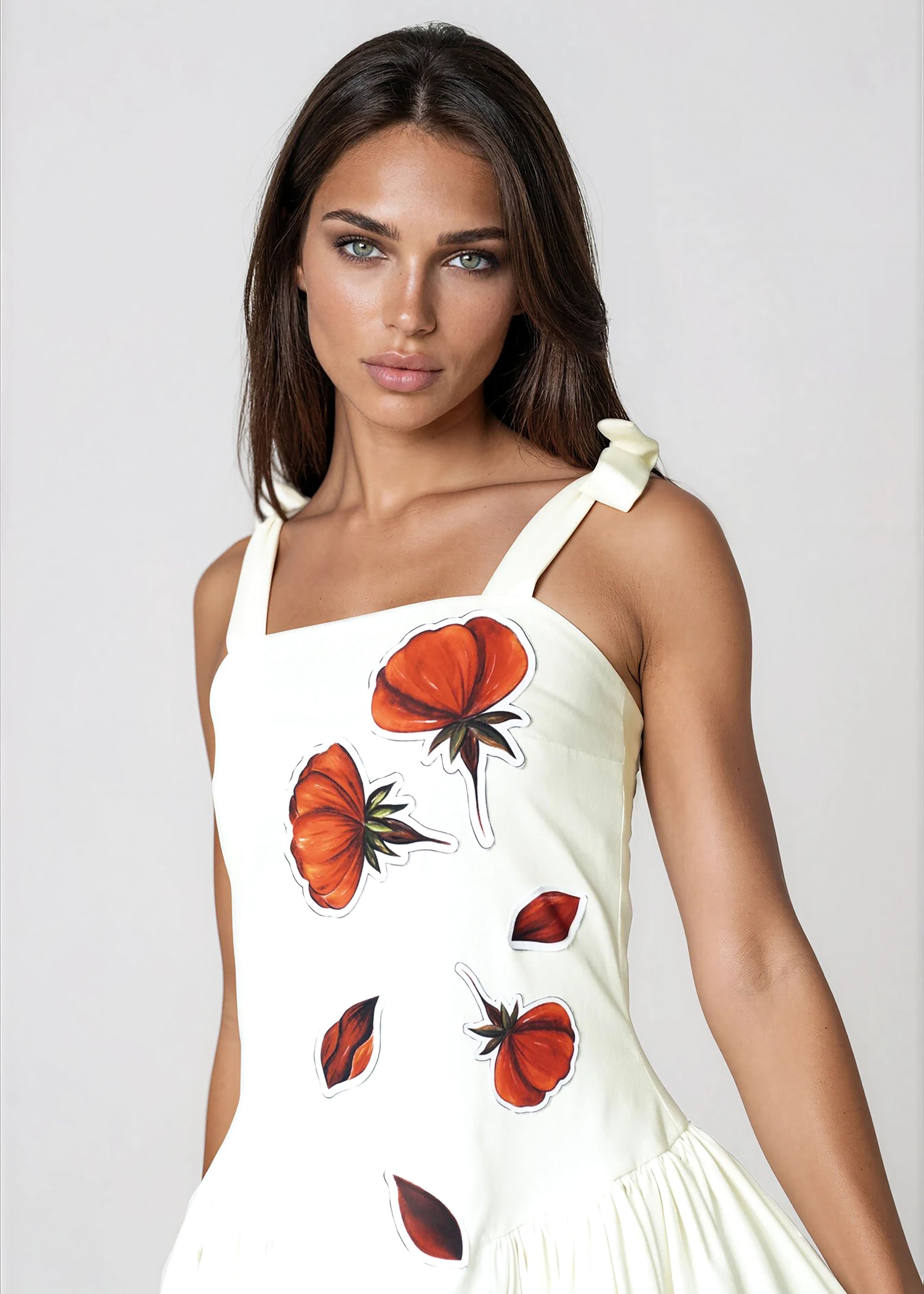 Women Midi Dress- Peace Blossoms Elegant Floral Dress gathered side skirt, sleeveless with self-tie straps, made from cotton twill.