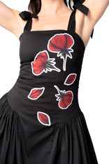 Women Midi Dress- Peace Blossoms Elegant Floral Dress with red floral hand-painted design on black cotton twill fabric