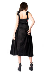 Women Midi Dress- Peace Blossoms Elegant Floral Dress with red hand-painted flowers on black cotton twill fabric
