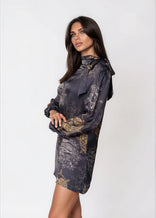 Women high neck mini dress with long bell sleeves and self-tie detail in Twilight Ocean Dream pattern