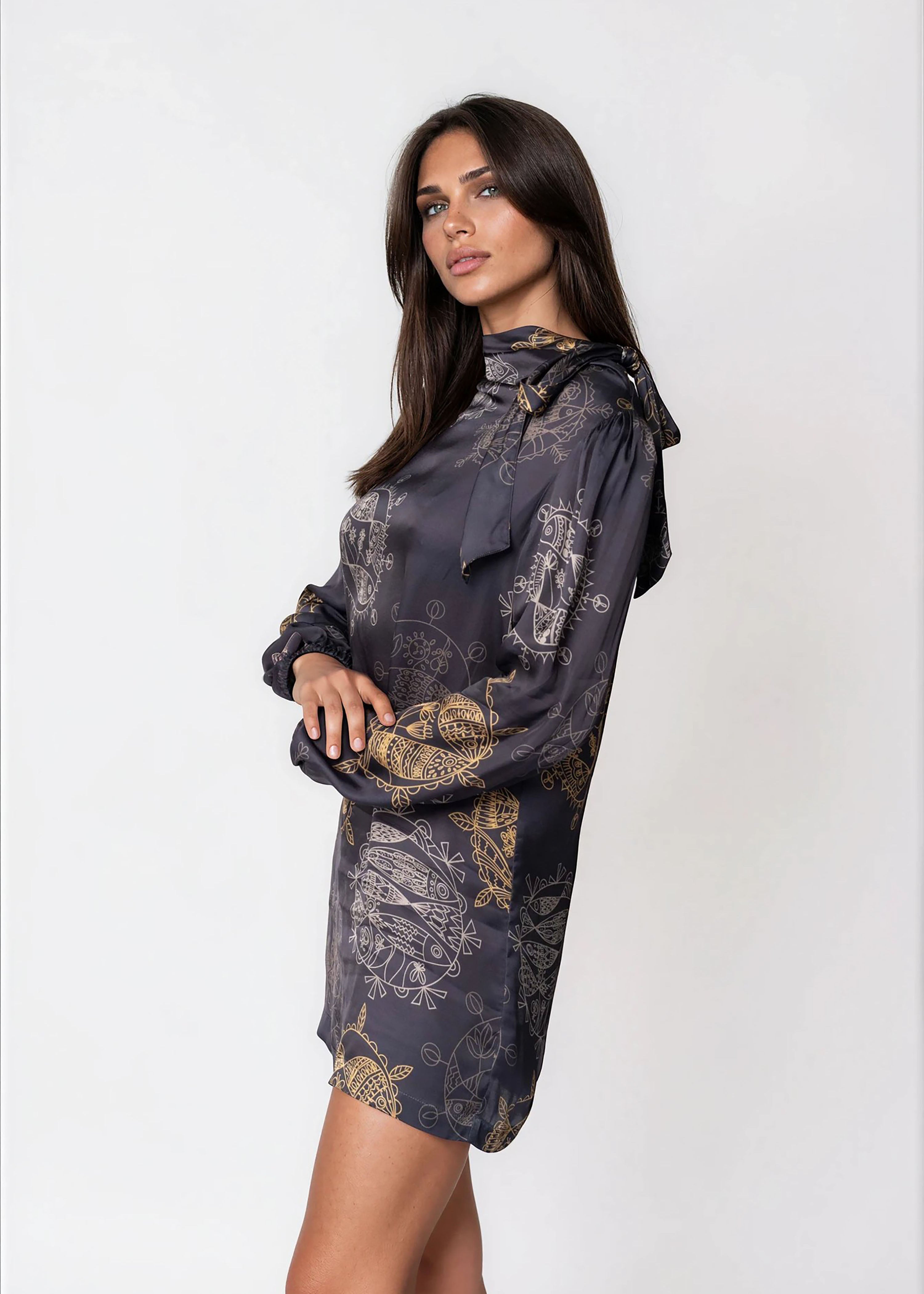 Women high neck mini dress with long bell sleeves and self-tie detail in Twilight Ocean Dream pattern