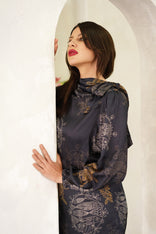Women wearing Twilight Ocean Dream high neck mini dress with long bell sleeves and self-tie neck detail