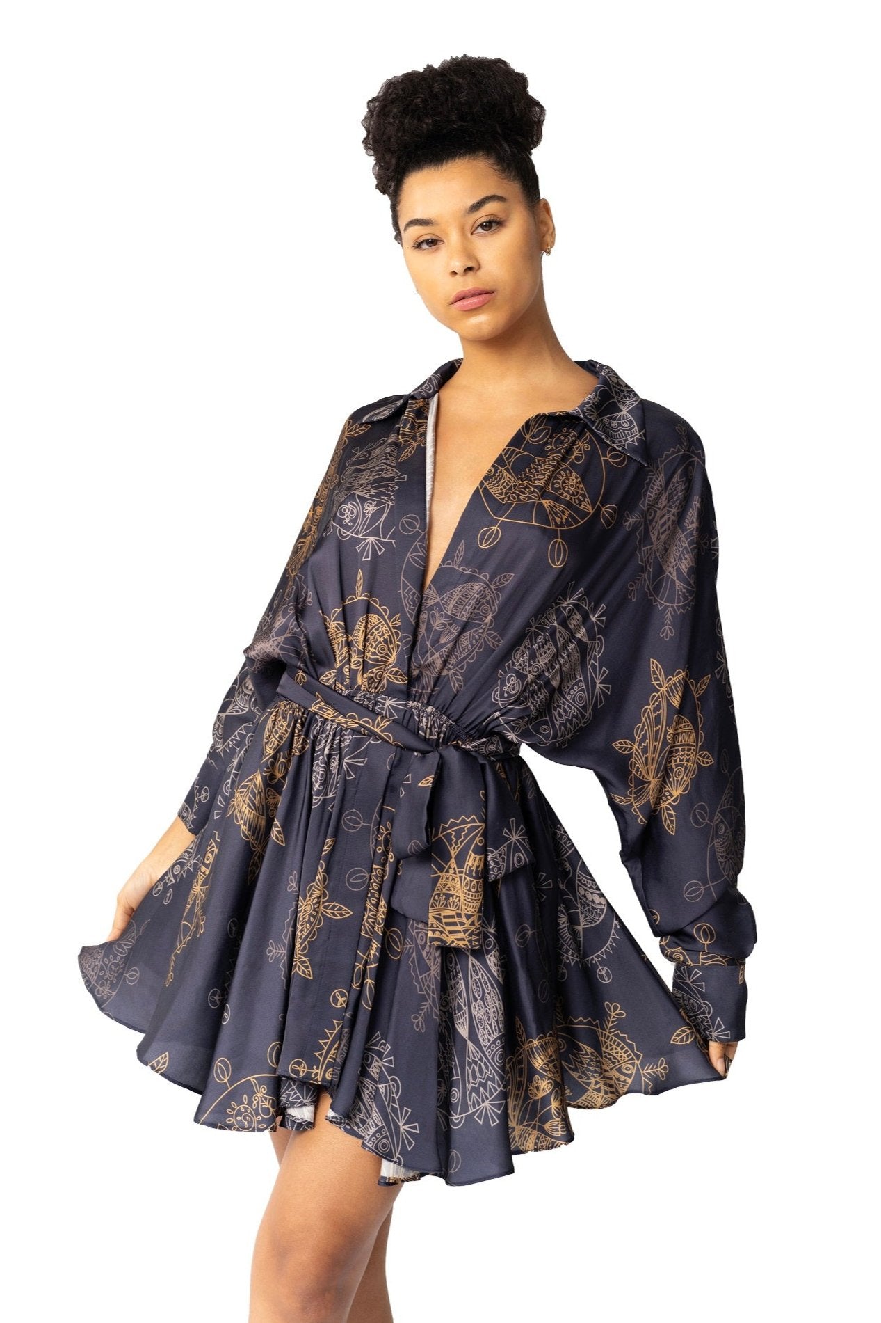 TWILIGHT OCEAN DREAM FLARED MINI DRESS - NAVY
