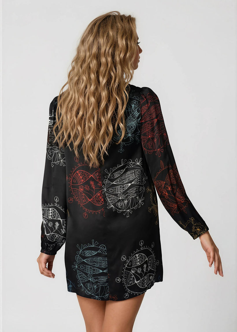 Woman wearing Women High Neck Mini Dress with long bell sleeves and self-tie detail