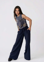 High-waisted wide leg black twill pants with self-tie belt and front pleats
