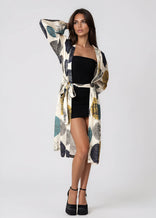 Women wearing Daylight Ocean Dream Women Midi Kimono Robe with long bell sleeves and self-tie belt