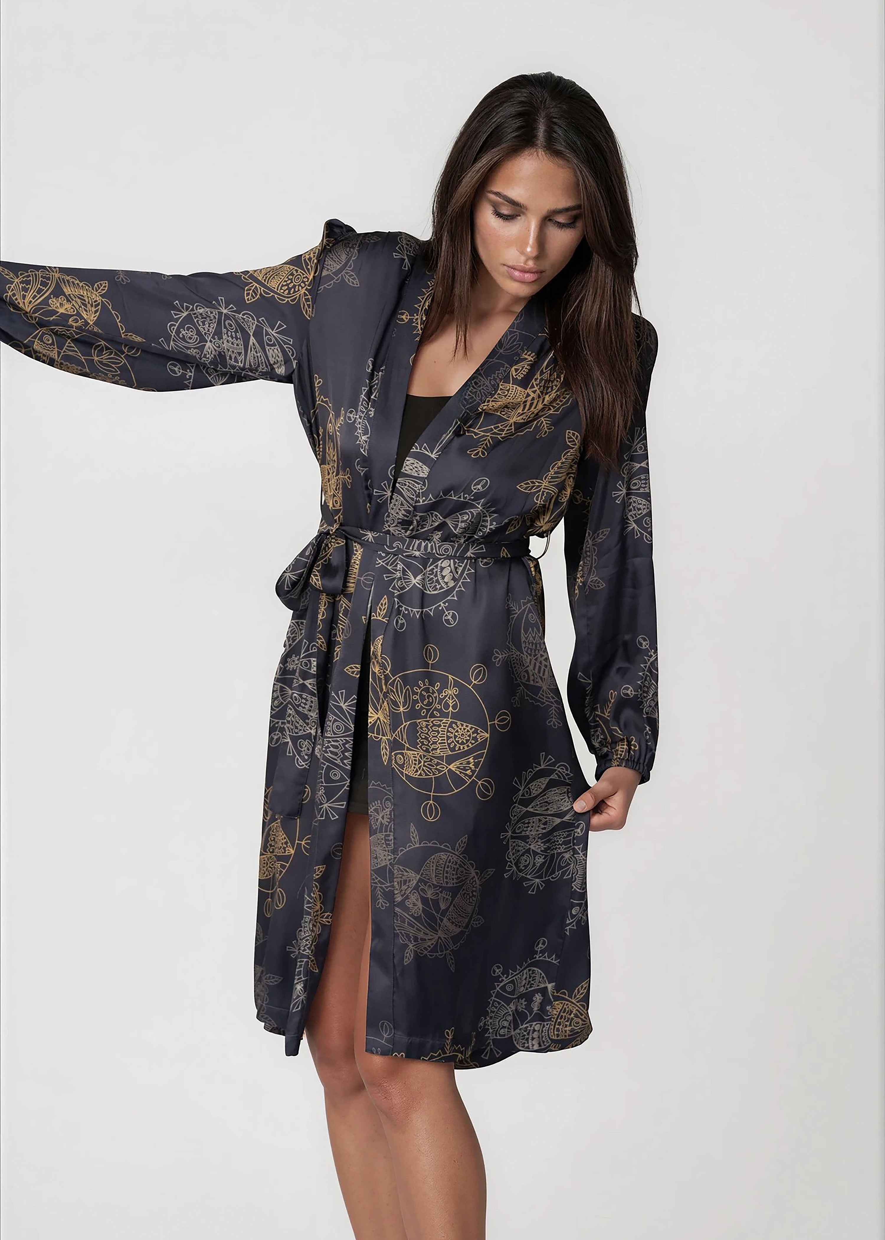 Women wearing Twilight Ocean Dream midi kimono robe with shawl collar and bell sleeves