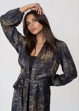 Women wearing Twilight Ocean Dream midi kimono robe with shawl collar and bell sleeves