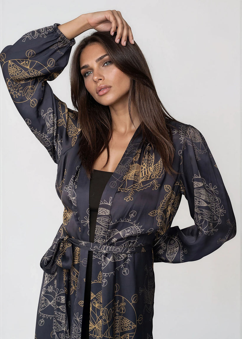 Women wearing Twilight Ocean Dream midi kimono robe with shawl collar and bell sleeves