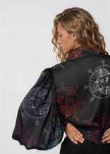 Cropped bomber jacket for women in midnight ocean dream design with oversized gathered bell sleeves and front zipper