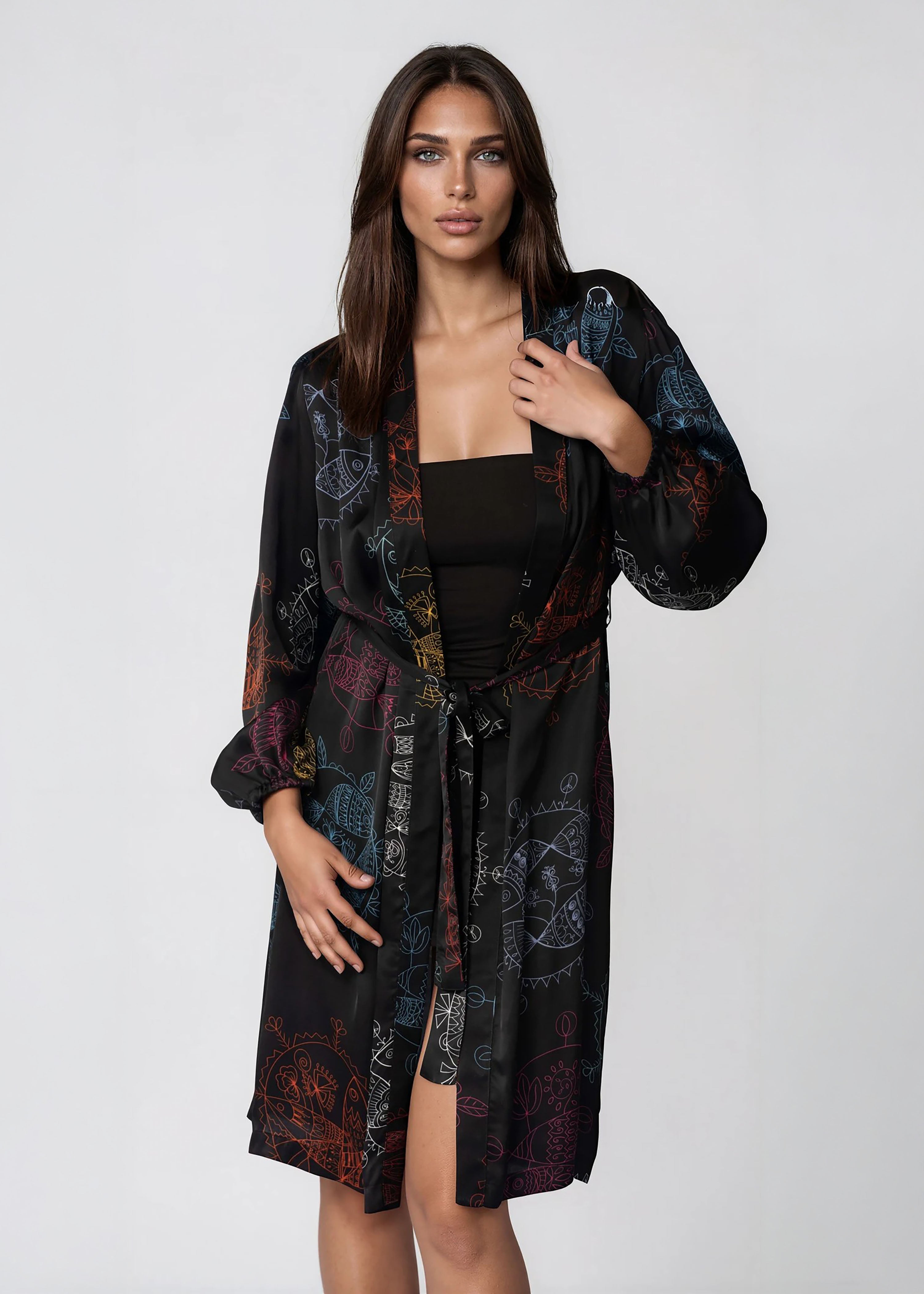 Women wearing a midnight ocean dream Women Midi Kimono Robe with shawl collar and long bell sleeves