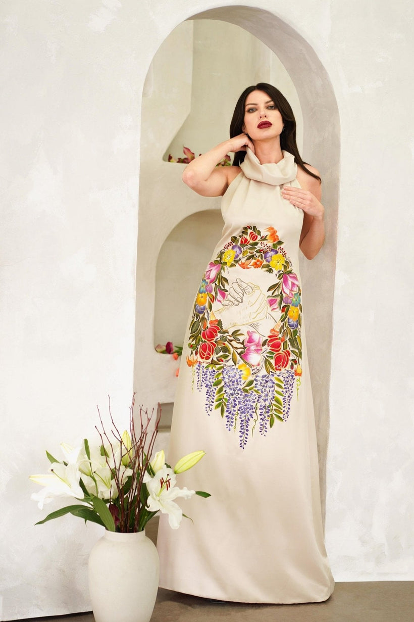 Hand painted Unity Garden dress in silk sateen with high neck and A-line style displayed on model