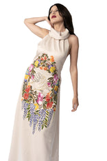 Hand-painted Unity Garden maxi dress in silk sateen with high neck and A-line style symbolizing unity and harmony
