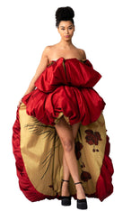 Red Piony Ruffled Asymmetric Gown with Puff Skirt and Hand-Painted Birds