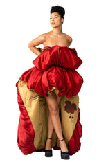 Red Piony Ruffled Asymmetric Gown with hand-painted bird details