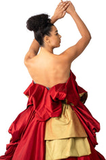 Red Piony ruffled asymmetric silk taffeta gown with puff skirt and hand-painted bird details