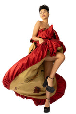 Red Piony Ruffled Asymmetric Gown with hand-painted birds and puff skirt