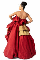 Red Piony Ruffled Asymmetric Gown with hand-painted birds and puff skirt