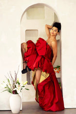 Red Piony Ruffled Asymmetric Gown with hand-painted bird details and puff skirt