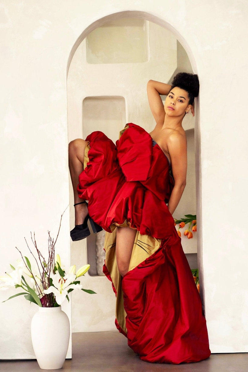 Red Piony Ruffled Asymmetric Gown with hand-painted bird details and puff skirt
