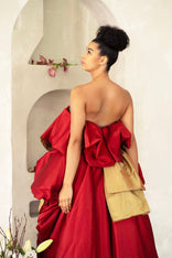 Red Piony Ruffled Asymmetric Gown with hand-painted birds and puff skirt