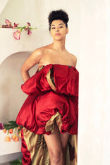 Red Peony ruffled asymmetric gown with hand-painted birds and puff skirt