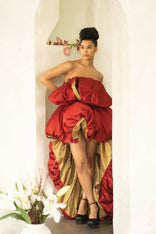 Red Peony ruffled asymmetric silk taffeta gown with hand-painted birds and puff skirt