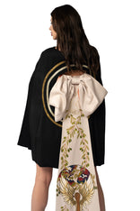 Hand-painted Olive Tree cape with long tail bowtie, silk wool fabric, modeled in Los Angeles studio