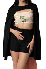 Hand-painted Olive Tree cape with long tail bow tie, open front silk wool design symbolizing peace and unity