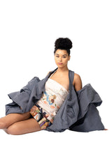 Hand-painted Angel City Mini Dress with puff sleeves and structured skirt in silk sateen, designed in Los Angeles