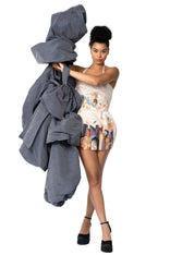 Angel City Mini Dress hand-painted silk sateen with puff sleeves and structured skirt