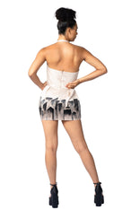 Hand-painted Angel City Mini Dress with puff sleeves and structured skirt displayed on model