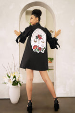 Women wearing a Women Libra Zodiac Jacket with hand-painted zodiac-themed patches and self-tie adjustable sleeve straps