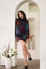 Women wearing a Women High Neck Mini Dress with long bell sleeves and neck tie detail