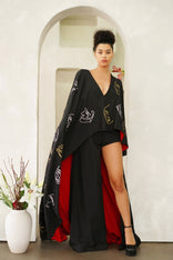 Hand-painted Invisible Government Asymmetric Cape and Pants dress symbolizing hidden power and global unity
