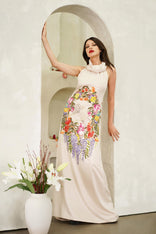 Hand-painted silk satin Unity Garden dress with high neck and A-line maxi style symbolizing unity and harmony