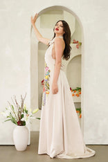 Hand painted silk sateen Unity Garden dress with high neck and A-line maxi design symbolizing unity and harmony