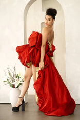 Red Piony Ruffled Asymmetric Gown with puff skirt and hand-painted birds on silk taffeta fabric