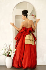 Red Piony Ruffled Asymmetric Gown with hand-painted birds and puff skirt