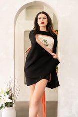 Hand-painted Olive Tree cape with long tail bowtie, open front, silk wool fabric, displayed on model.