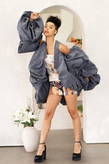 Hand-painted Angel City mini dress with puff sleeves and structured skirt, designed in Los Angeles