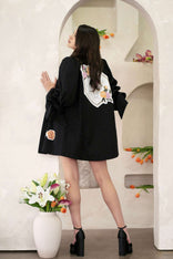 Women Taurus Zodiac Jacket with hand-painted astrology symbols on cotton twill swing coat