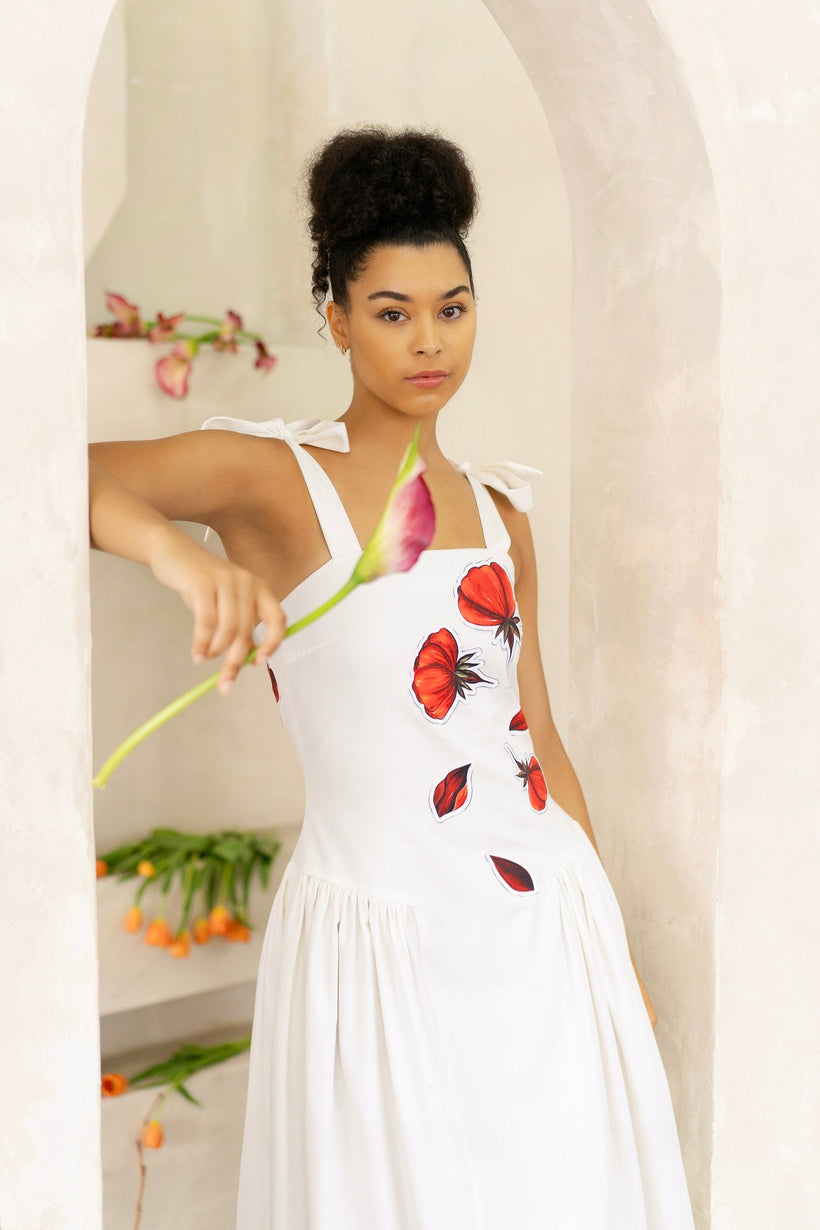 Women Midi Dress- Peace Blossoms Elegant Floral Dress with hand-painted print and sleeveless design