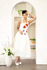 Women Midi Dress- Peace Blossoms Elegant Floral Dress with hand-painted cotton twill fabric