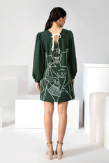 Green hand-painted mini A-line dress for women, handmade in LA studio