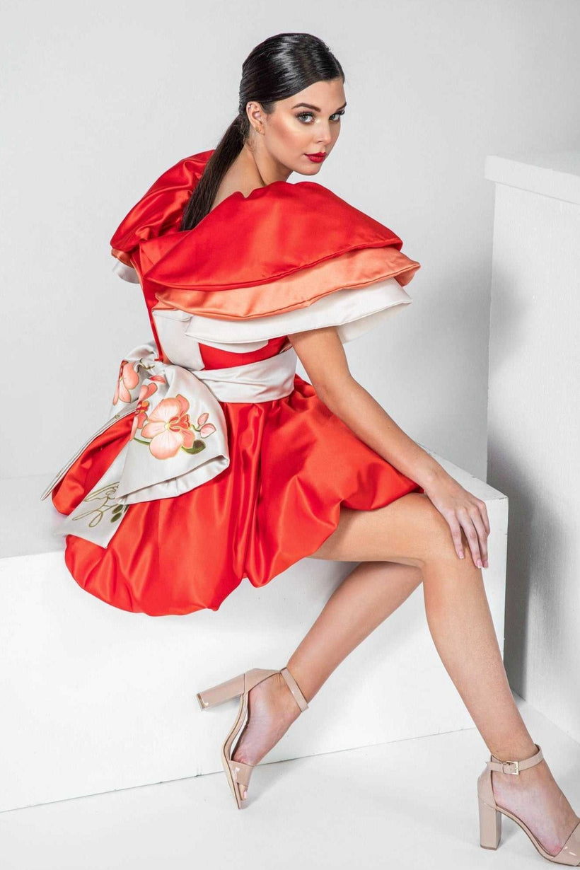 Orange Orchid Mini Ruffled Dress hand-painted silk satin mini dress with ruffled neck and balloon skirt