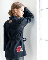 Gray wrap-front denim jacket with red peony patchwork and adjustable waist tie